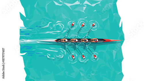 Geometric crew rowing team in abstract water scene