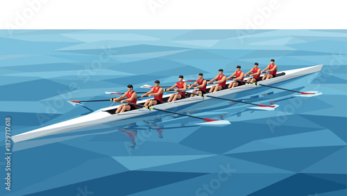Eight-person crew rowing in low poly design on geometric water surface