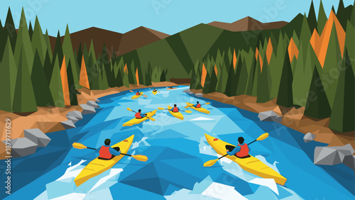 Low poly kayakers navigating a scenic mountain river in vibrant nature landscape