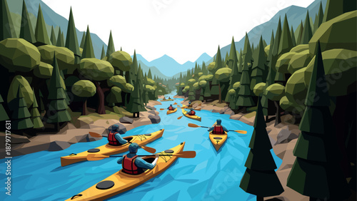 Low poly kayaking adventure in serene forest river landscape with mountains