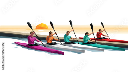 Low poly kayakers paddling at sunset in vibrant colors