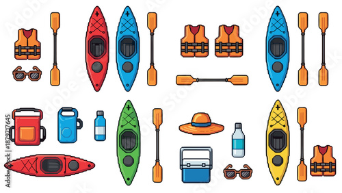 Pixel art kayaking equipment set with gear and accessories