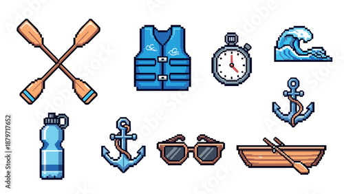 Pixel art nautical icons: paddle, life vest, timer, anchor, wave, water bottle, sunglasses, rowboat