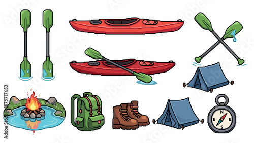 Pixel art camping adventure with kayaks, tents, and outdoor gear