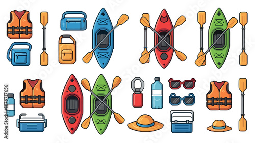 Pixel art outdoor kayaking adventure gear with colorful canoes and accessories