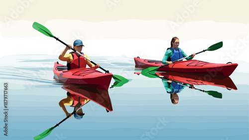 Couple kayaking in calm waters with vibrant gear and beautiful reflections