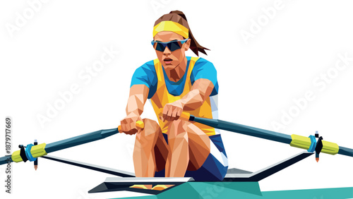 Geometric style female rower in action on vibrant blue water