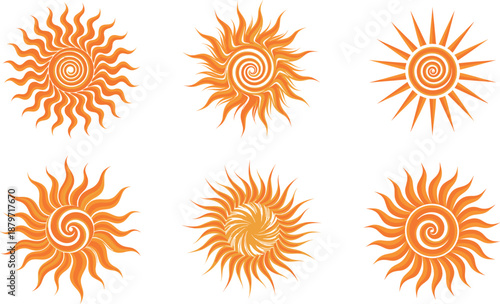 Vector illustration set of six ornate sun icons featuring detailed spiral cores and elaborate wavy flame like ray designs