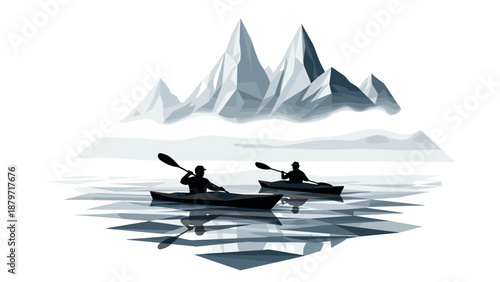 Monochrome kayakers in geometric mountain landscape