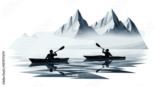 Silhouette kayakers in geometric mountain landscape with reflective river scene