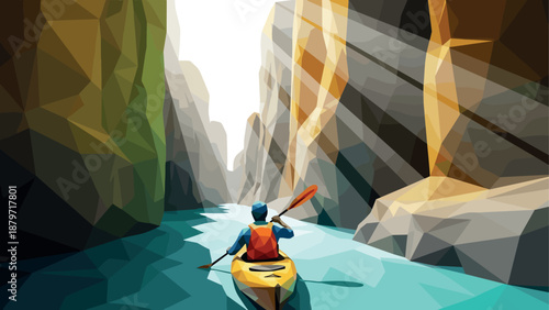 Geometric kayaking adventure through majestic canyons in low poly style