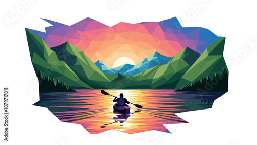 Abstract geometric landscape with sunset and kayaker in vibrant colors