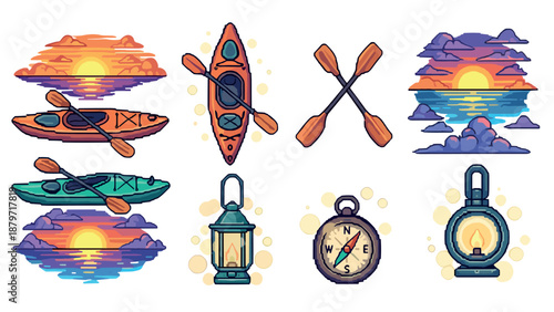 Retro outdoor adventure set with kayaks, lanterns, and compass in pixel art style