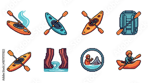 Pixel art kayaking adventure: colorful canoes and rapids
