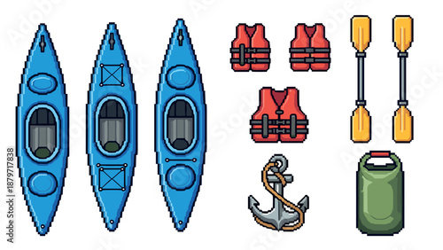 Pixel art kayaking equipment set with kayaks, paddles, and life vests on white background
