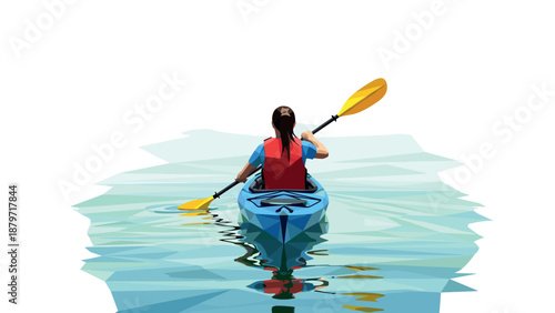 Geometric kayaking adventure: woman paddling in polygonal blue waters
