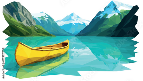 Low poly art: yellow canoe on calm lake with mountain backdrop