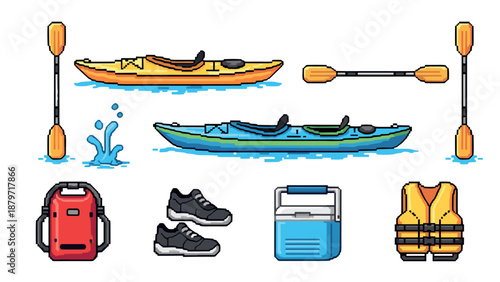 Pixel art kayaking set: paddles, life vest, shoes, kayak, adventure gear