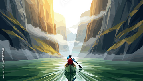 Adventure in geometric mountain landscape with sunrise and canoe