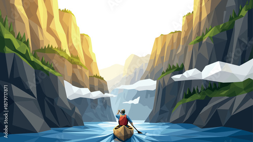 Low poly adventure in serene mountainous landscape with kayaker at sunrise