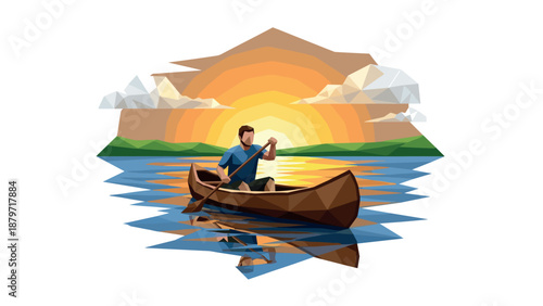 Geometric sunset canoeing with abstract low poly design