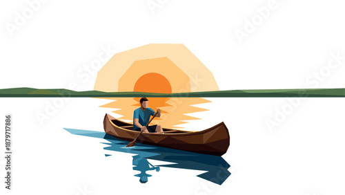 Geometric canoeing adventure at sunset on tranquil lake