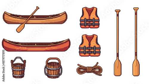 Pixel art canoeing set with canoes, paddles, life vests, and accessories