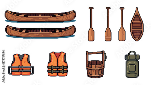 Retro pixel art canoe and camping gear: oars, life jackets, and more
