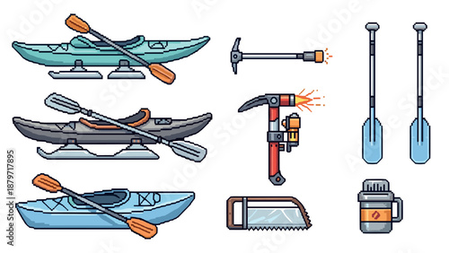 Pixel art canoes and adventure gear collection