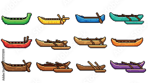 Colorful pixel art canoes collection: vibrant paddling vessels in pixelated style