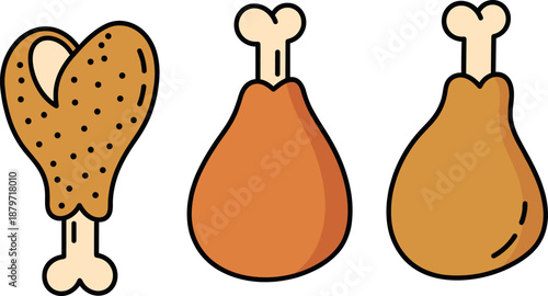 Vector illustration set of three fried chicken drumsticks featuring a heart shaped breaded leg and golden brown poultry