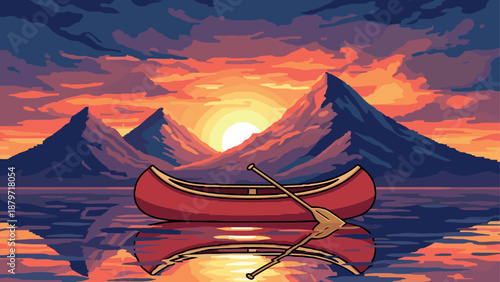 Tranquil sunset over lake with canoe and mountains in pixel art style