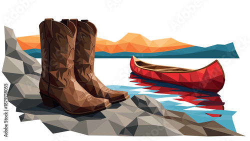 Geometric cowboy boots and canoe by mountain lake