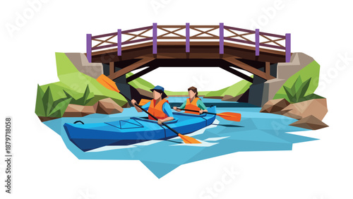 Geometric kayaking adventure under rustic bridge in nature