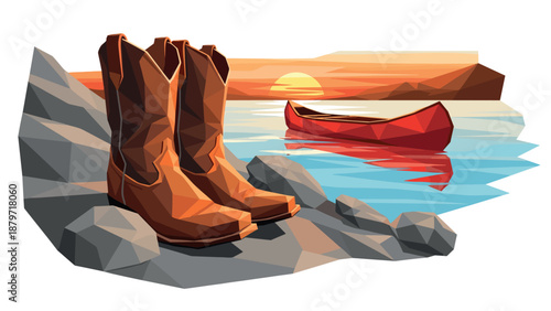 Geometric low poly cowboy boots and canoe by tranquil sunset lake