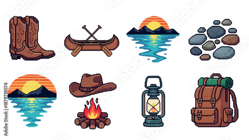 Pixel art camping adventure: gear, nature, and outdoor icons