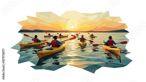 Geometric kayaking adventure at sunset on tranquil lake with polygonal design