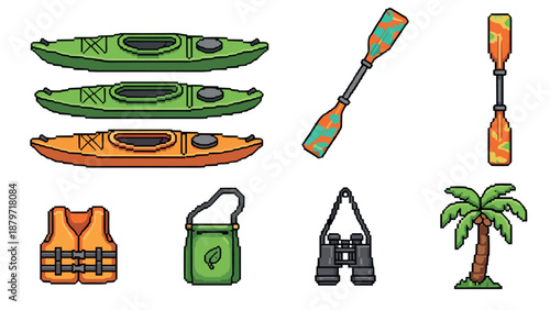 Pixel art kayaking gear and accessories including paddles and binoculars