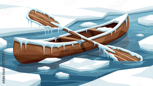 Frozen river adventure: wooden canoe amidst icy waters in winter landscape