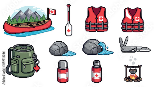 Retro camping adventure icons with canadian flair in pixel art style