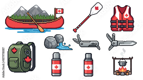 Canadian outdoor adventure icons in pixel art style