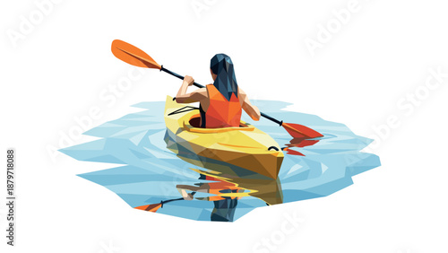 Geometric kayaker navigating tranquil waters in a bright yellow canoe