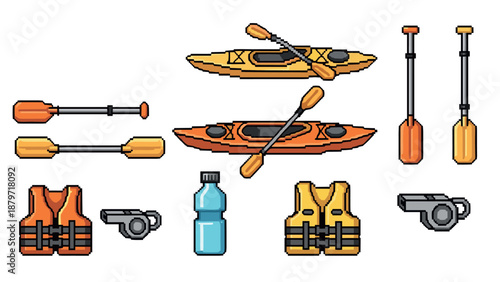 Pixel art kayaking essentials: paddles, life jackets, boats, and accessories