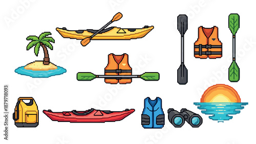 Pixel art kayaking adventure with gear and island setting
