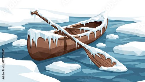 Icy canoe adventure amidst frozen waters and snowy landscapes