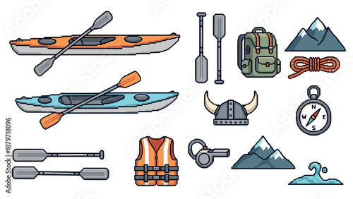 Pixel art outdoor adventure equipment with kayaks, camping gear, and mountains