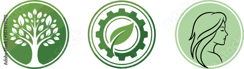 Vector illustration set of three green emblems featuring a leafy tree green technology gear and a female wellness profile