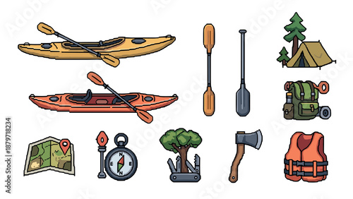 Pixel art adventure gear: kayaks, camping essentials, and navigation tools