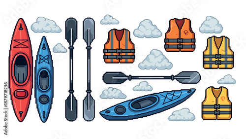 Pixel art kayaks and life jackets with oars and clouds
