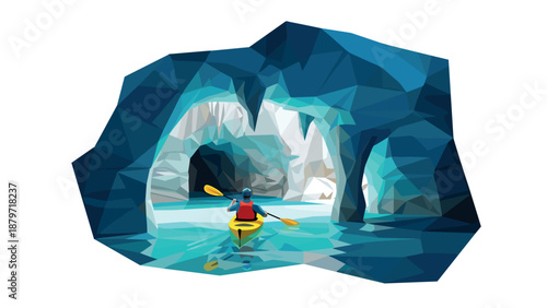 Low poly kayak adventure in stunning geometric ocean cave